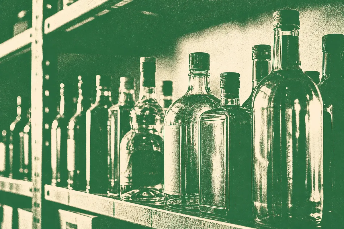 Shelf of glass bottles in a warehouse, green duotone print style