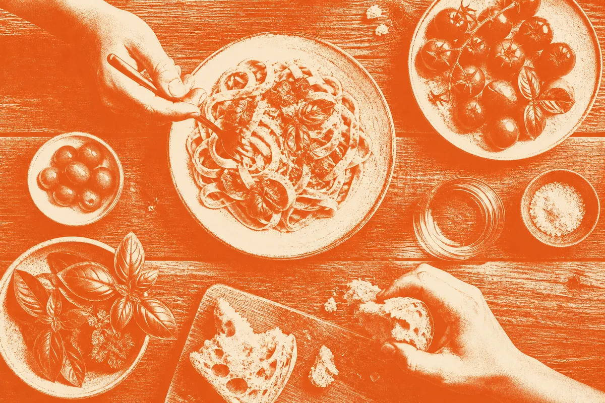 Overhead table with pasta and fresh food, orange duotone print style